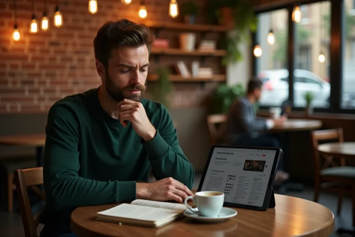 Créateur d'entreprise consultant les actualités essentielles sur une tablette dans un café urbain