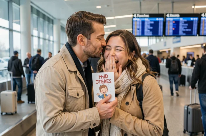 Couple complice à l'aéroport échangeant une carte humoristique déguisée en déclaration lors d'un départ en voyage