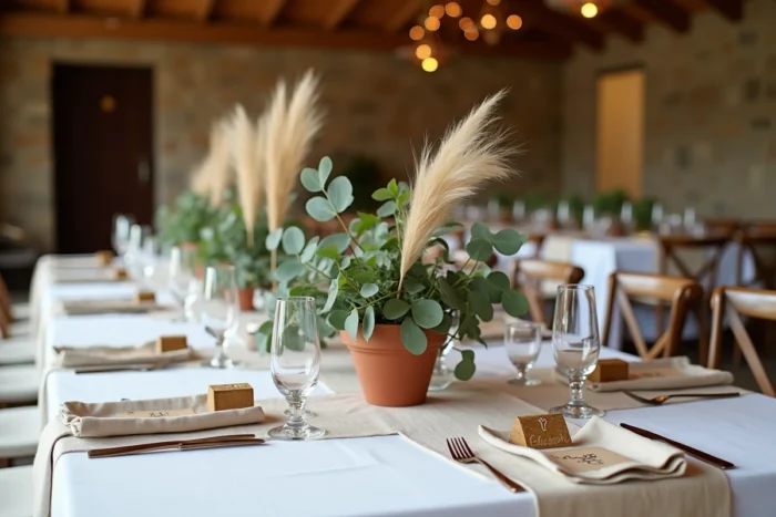 Table de mariage décorée de façon abordable avec des fleurs séchées, des bougeoirs vintage et des marque-places en papier kraft
