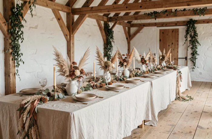 Décoration de table de mariage tendance 2024 avec herbes de la pampa, céramiques et lin dans une grange rénovée