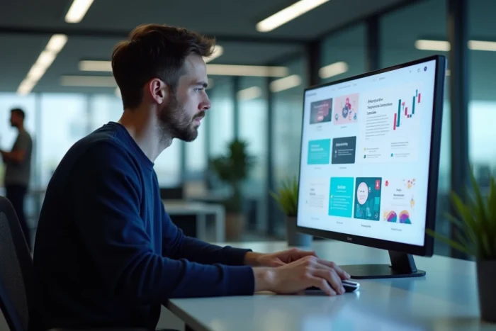 Designer graphique travaillant sur des maquettes visuelles innovantes devant un écran interactif