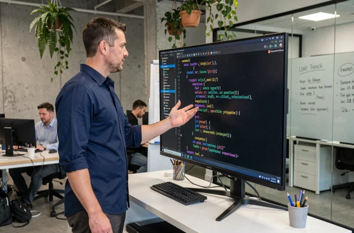 Développeur Python debout devant un grand écran affichant du code avec des opérations sur des listes dans un bureau open space moderne
