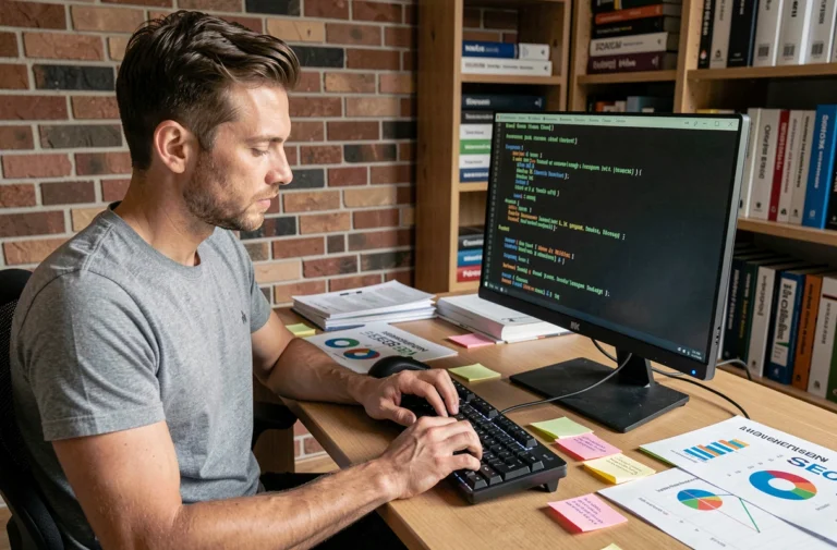 Développeur web consultant des stratégies SEO sur un terminal Linux dans un bureau à domicile moderne