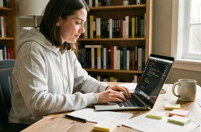 Jeune femme développeuse Python travaillant sur des listes de données dans un bureau à domicile avec un laptop et des notes manuscrites