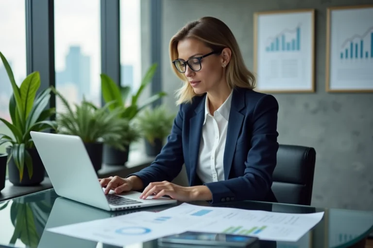 Dirigeante d'entreprise analysant des rapports et actualités économiques dans un bureau moderne avec vue sur la ville