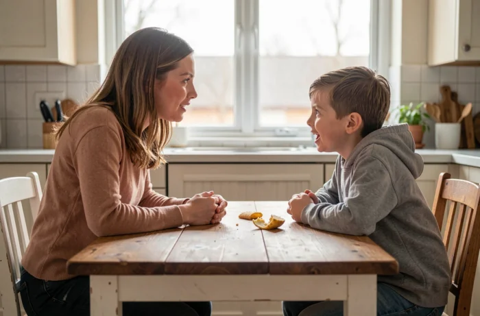Une femme pratique l'écoute active en accordant toute son attention à son fils qui lui parle à la table de cuisine