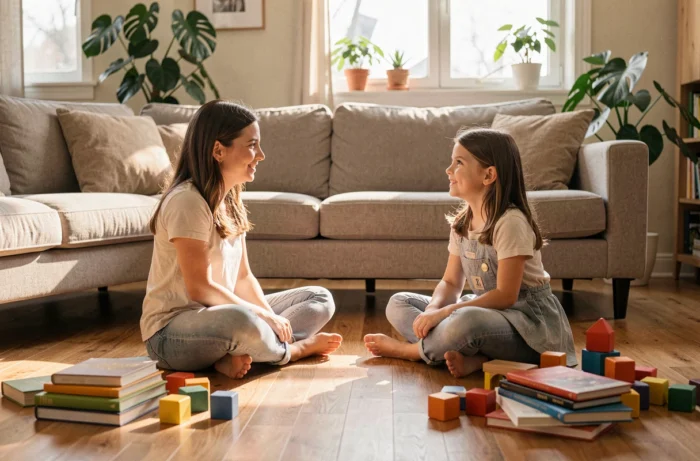 Une mère et sa fille assises face à face sur le plancher d'un salon chaleureux, illustrant l'éducation positive au quotidien