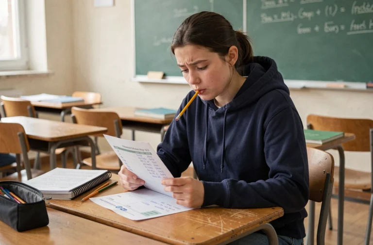 Élève de 3ème consultant son bulletin de notes avec une moyenne de 9 en vue d'une orientation en 1ère STMG
