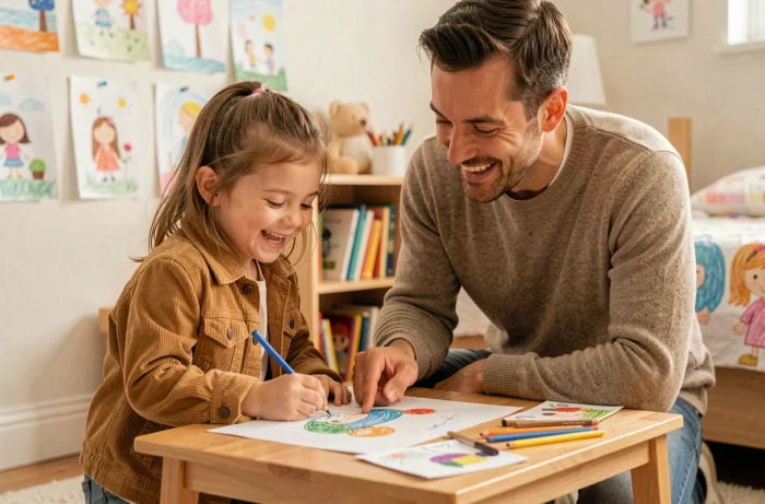 Un père encourage l'effort de sa fille en admirant son dessin, valorisant le processus plutôt que le résultat