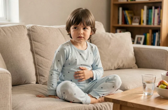 Enfant en pyjama tenant son ventre sur un canapé familial en raison de douleurs et flatulences