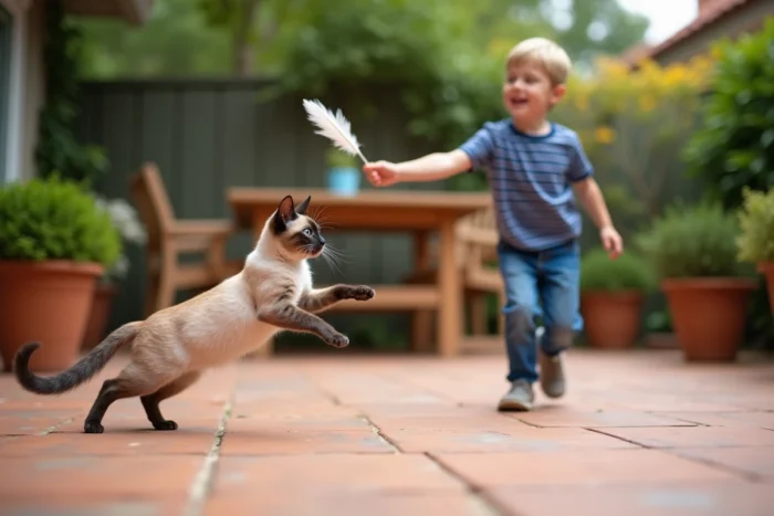 Enfant jouant avec un chat croisé siamois en plein air sur un patio, capturant un moment de complicité joyeuse