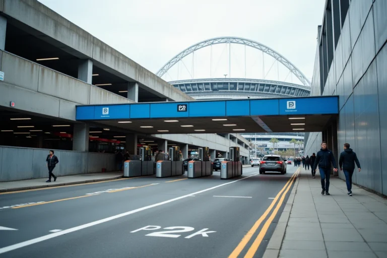Entrée du parking P2 du Stade de France avec barrières automatiques et signalétique bleue