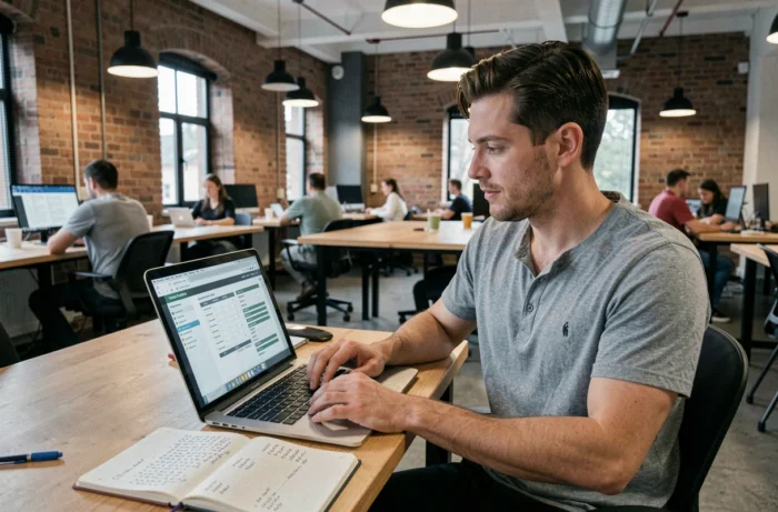 Jeune entrepreneur travaillant sur un modèle de business plan PDF dans un espace de coworking