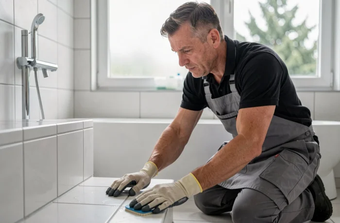 Spécialiste en nettoyage résidentiel récurant les joints d'une salle de bain dans un appartement suisse moderne