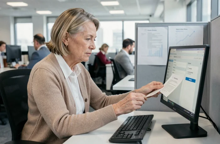Femme senior envoyant des documents volumineux via une interface en ligne dans un bureau professionnel