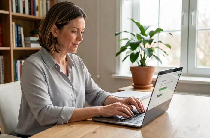 Femme envoyant des fichiers volumineux par internet depuis un bureau à domicile