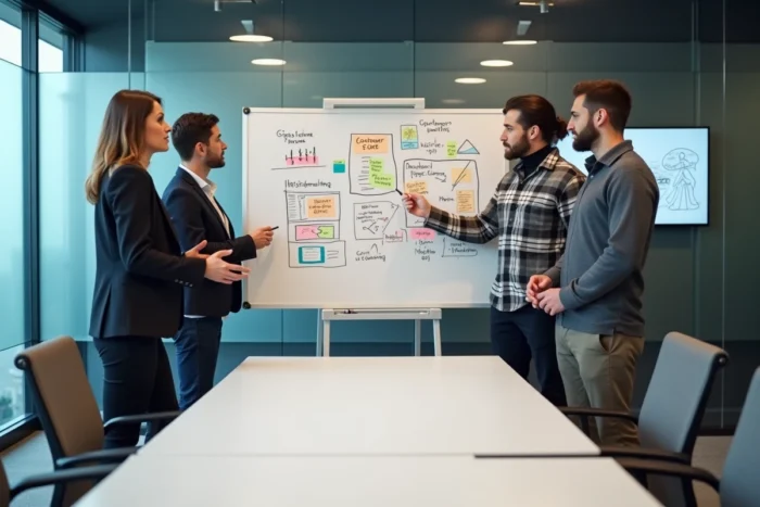 Équipe marketing diverse en séance de brainstorming autour d'un tableau blanc avec stratégies digitales et tendances 2024