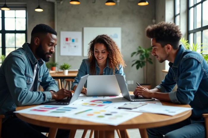 Équipe créative en réunion de brainstorming autour de supports de communication visuelle innovants