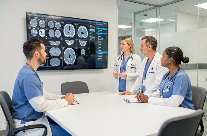 Équipe médicale réunie autour d'un écran affichant des scanners et échographies lors d'une réunion de revue clinique à l'hôpital