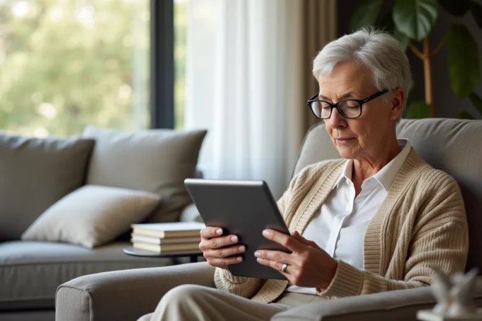 Femme d'une cinquantaine d'années accédant à son espace client Nature et Matériaux sur tablette dans un salon chaleureux