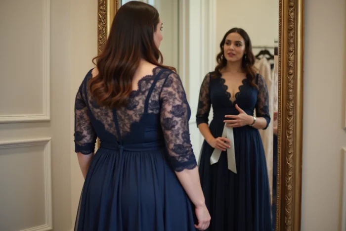 Femme ronde essayant une robe trapèze en dentelle bleu marine dans une boutique de mariage