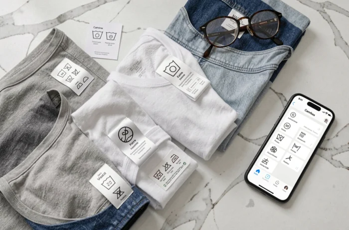 Vue aérienne d'étiquettes de vêtements avec symboles de lavage machine posées sur un plan de travail en marbre blanc