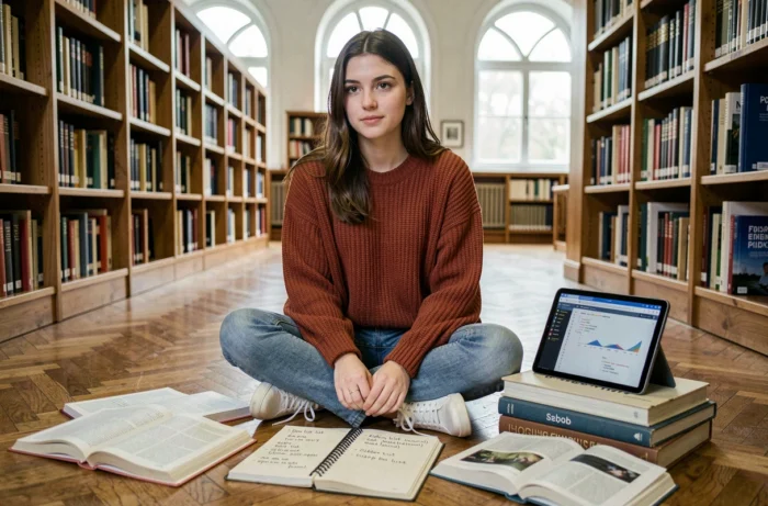 Étudiante en informatique assise dans une bibliothèque universitaire entourée de livres Python et de notes sur les listes de données