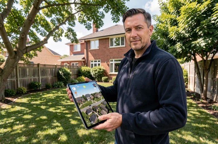 Homme consultant Google Earth sur tablette dans un jardin pour évaluer l'ensoleillement d'une maison résidentielle
