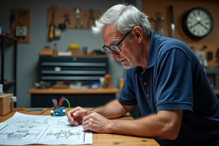 Homme expérimenté analysant un schéma électronique avec un prototype Arduino dans un garage atelier