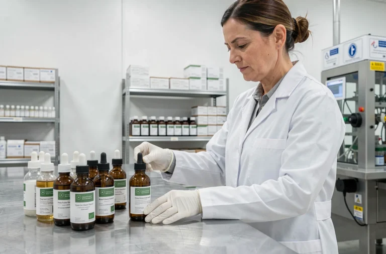 Contrôleuse qualité inspectant des flacons de cosmétiques bio de la marque Avril dans une usine de fabrication certifiée en France