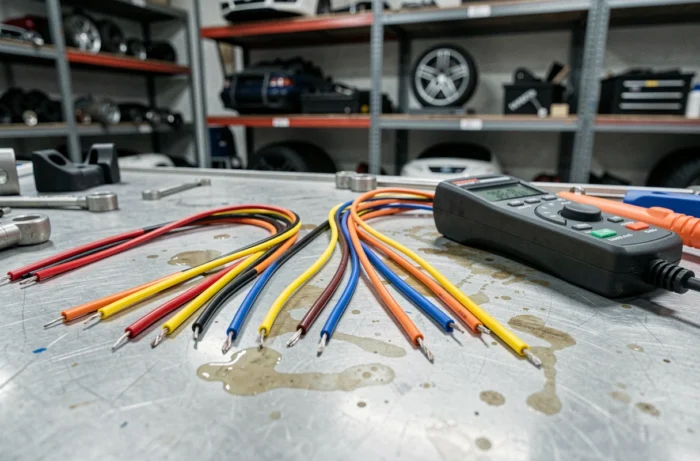Faisceau de câbles colorés pour autoradio Peugeot posé sur un établi avec un testeur électrique de diagnostic