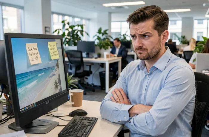 Collègue de bureau avec une expression de jalousie feinte devant un message humoristique de bon voyage affiché sur son écran