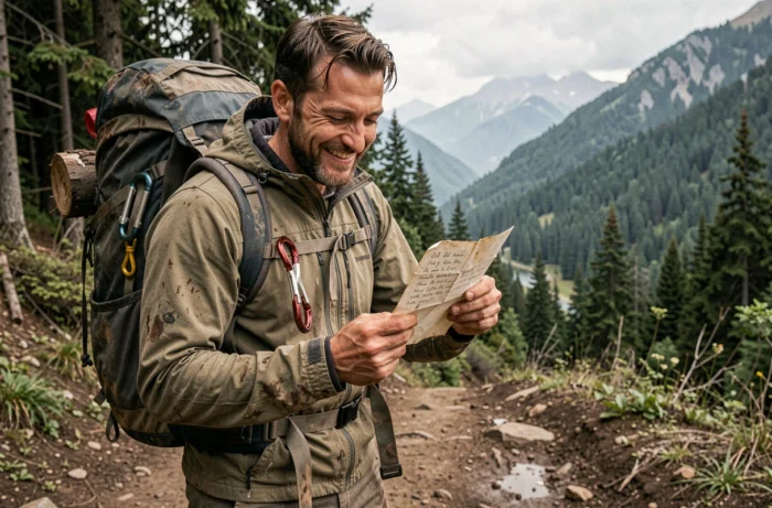 Randonneur souriant lisant un faux conseil de survie humoristique sur un papier froissé au départ d'un sentier de montagne