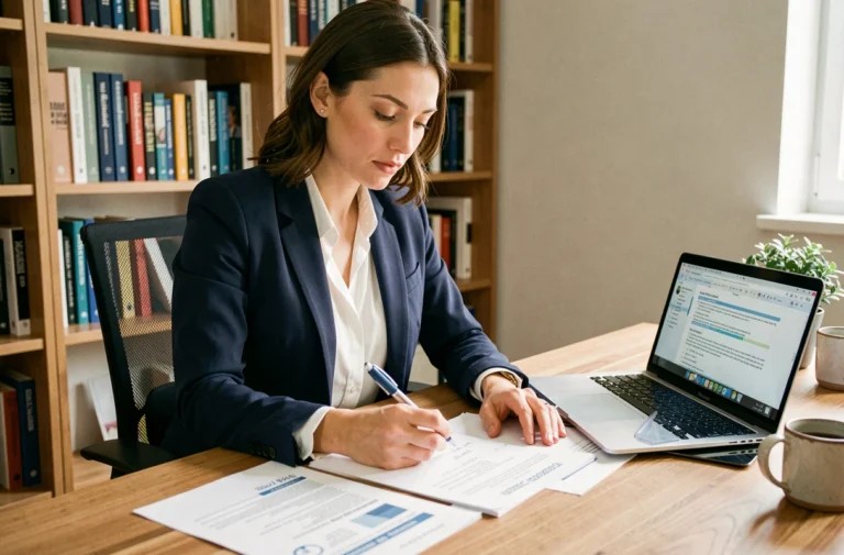 Femme professionnelle analysant un business plan imprimé dans un bureau à domicile moderne