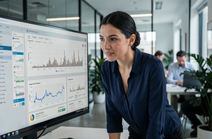 Femme développeuse analysant des données de référencement SEO sur un tableau de bord open source sous Linux
