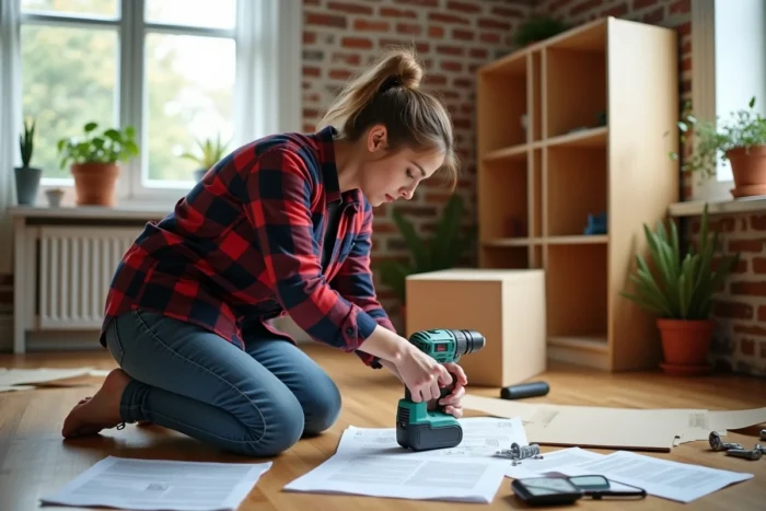 Femme assemblant un meuble en bois avec une perceuse dans un salon moderne
