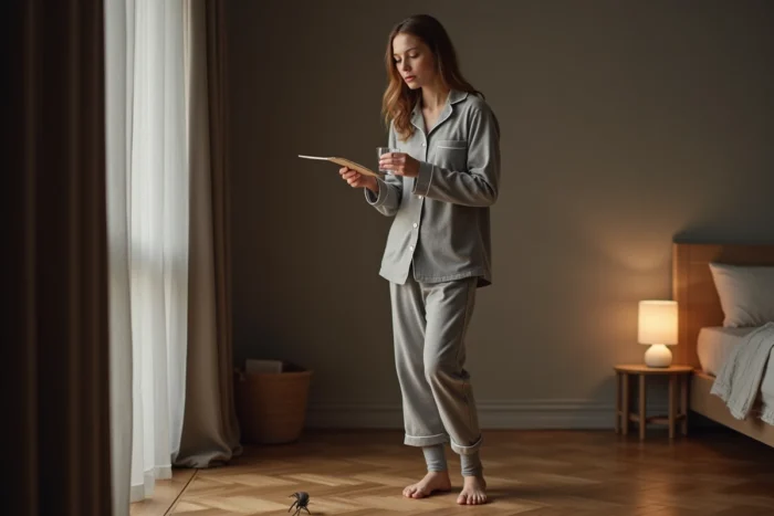 Femme en pyjama attrapant une araignée dans sa chambre avec un verre et du carton