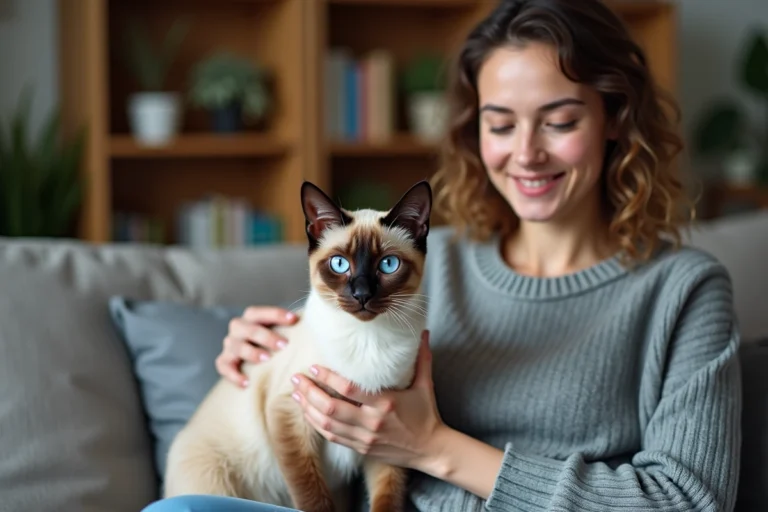 Femme tenant affectueusement un chat croisé siamois aux yeux bleus sur ses genoux dans un salon chaleureux