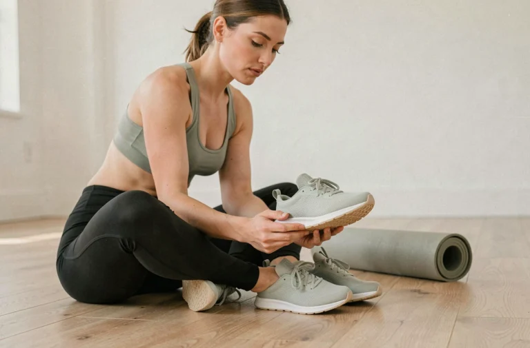 Femme en tenue de yoga examinant des chaussures de yoga minimalistes sur le sol d'un studio lumineux