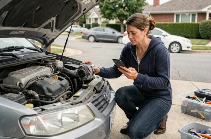 Femme comparant une pièce automobile usagée avec un catalogue de pièces auto en ligne sur smartphone