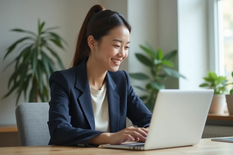 Femme professionnelle consultant un contrat de location immobilière sur un ordinateur portable dans un bureau moderne et organisé