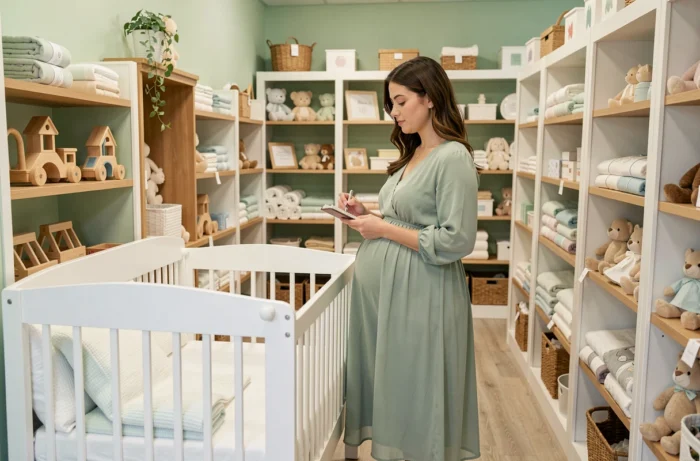 Femme enceinte qui choisit des articles pour sa liste de naissance dans une boutique de puériculture