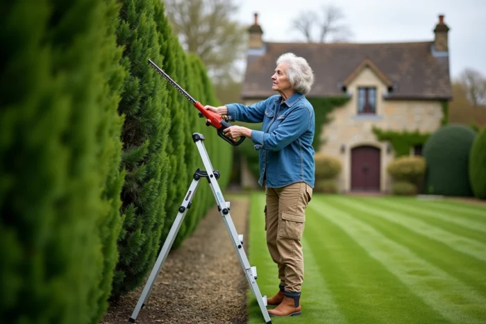 Femme sur un escabeau utilisant un taille-haie télescopique pour tailler le sommet d'une grande haie dans un jardin de campagne