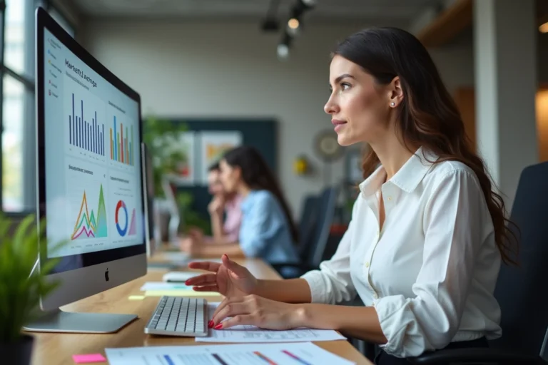 Professionnelle du marketing digital analysant des tableaux de bord et statistiques sur un grand écran dans un bureau moderne en 2024