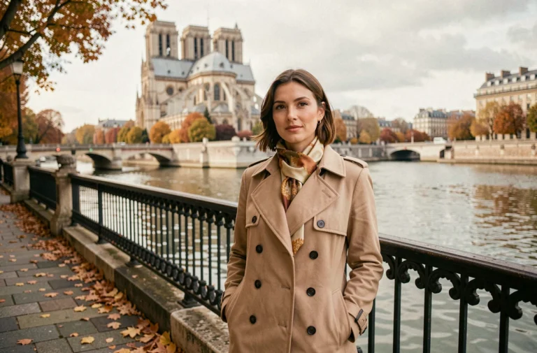 Femme parisienne élégante en manteau beige sur les quais de la Seine avec Notre-Dame en arrière-plan, ambiance automnale à Paris