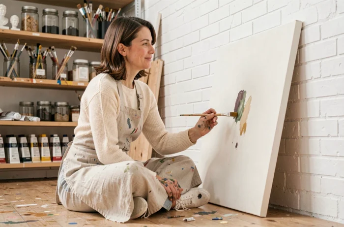 Femme en train de peindre dans un atelier artistique urbain, loisir créatif et épanouissement personnel en 2024