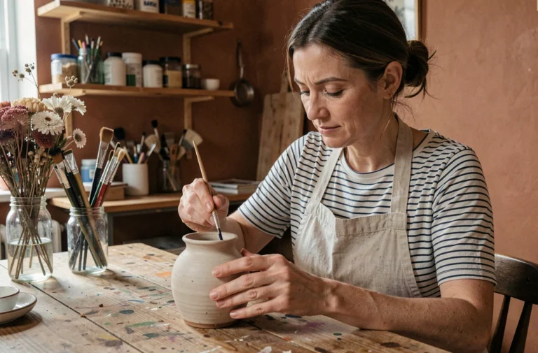 Femme peignant un vase en céramique dans un atelier créatif à la maison, activité de loisir artistique