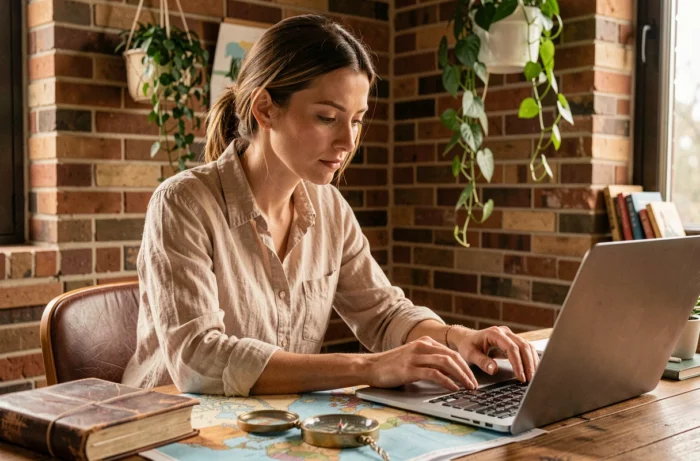 Femme planifiant un voyage à son bureau avec des cartes et un journal de voyage en cuir