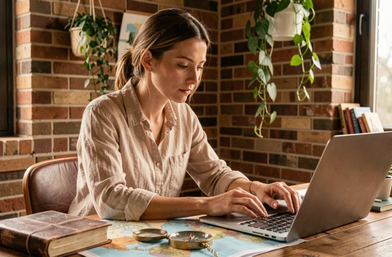Femme planifiant un voyage à son bureau avec des cartes et un journal de voyage en cuir