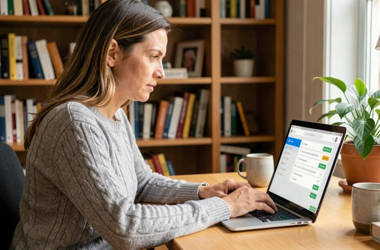 Femme concentrée gérant ses mots de passe sur un ordinateur portable dans un bureau à domicile chaleureux
